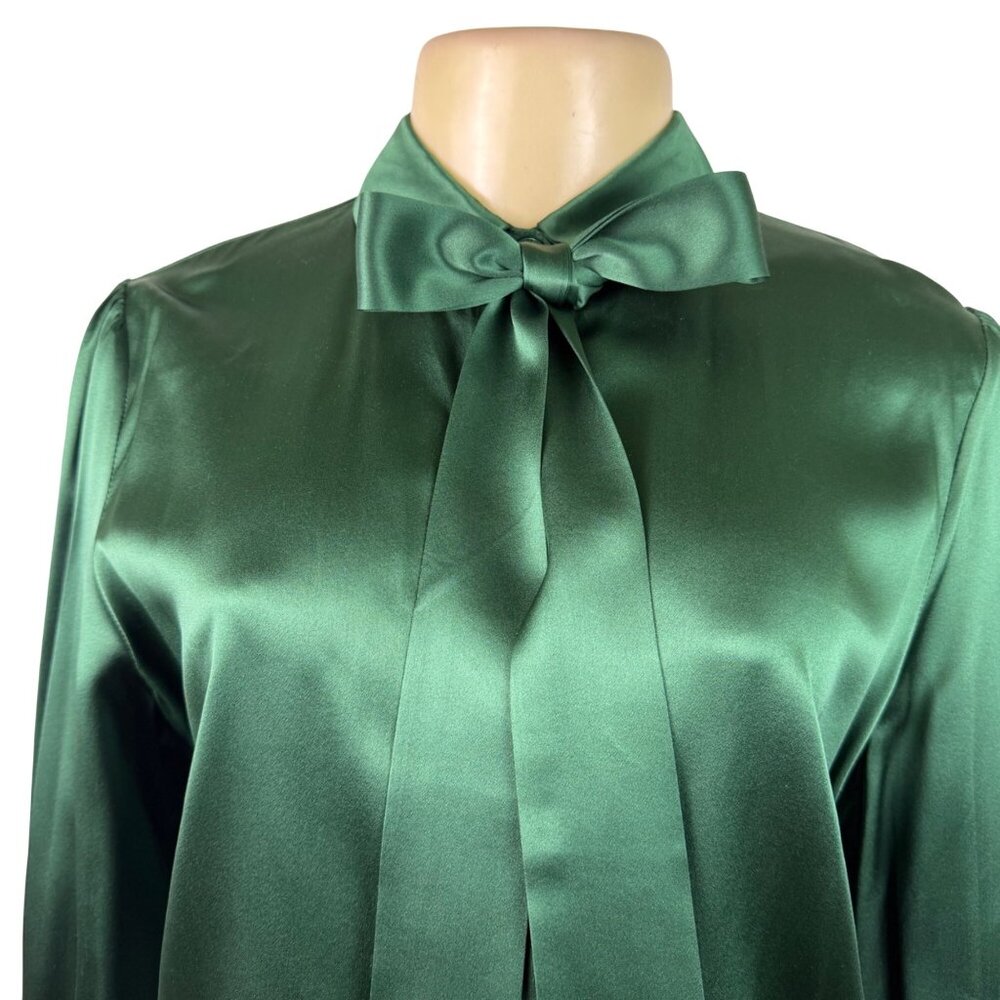 LilySilk Womens Green Mulberry Silk Bow-Tie Blouse Satin Button Cuffs Sz M - Picture 5 of 12